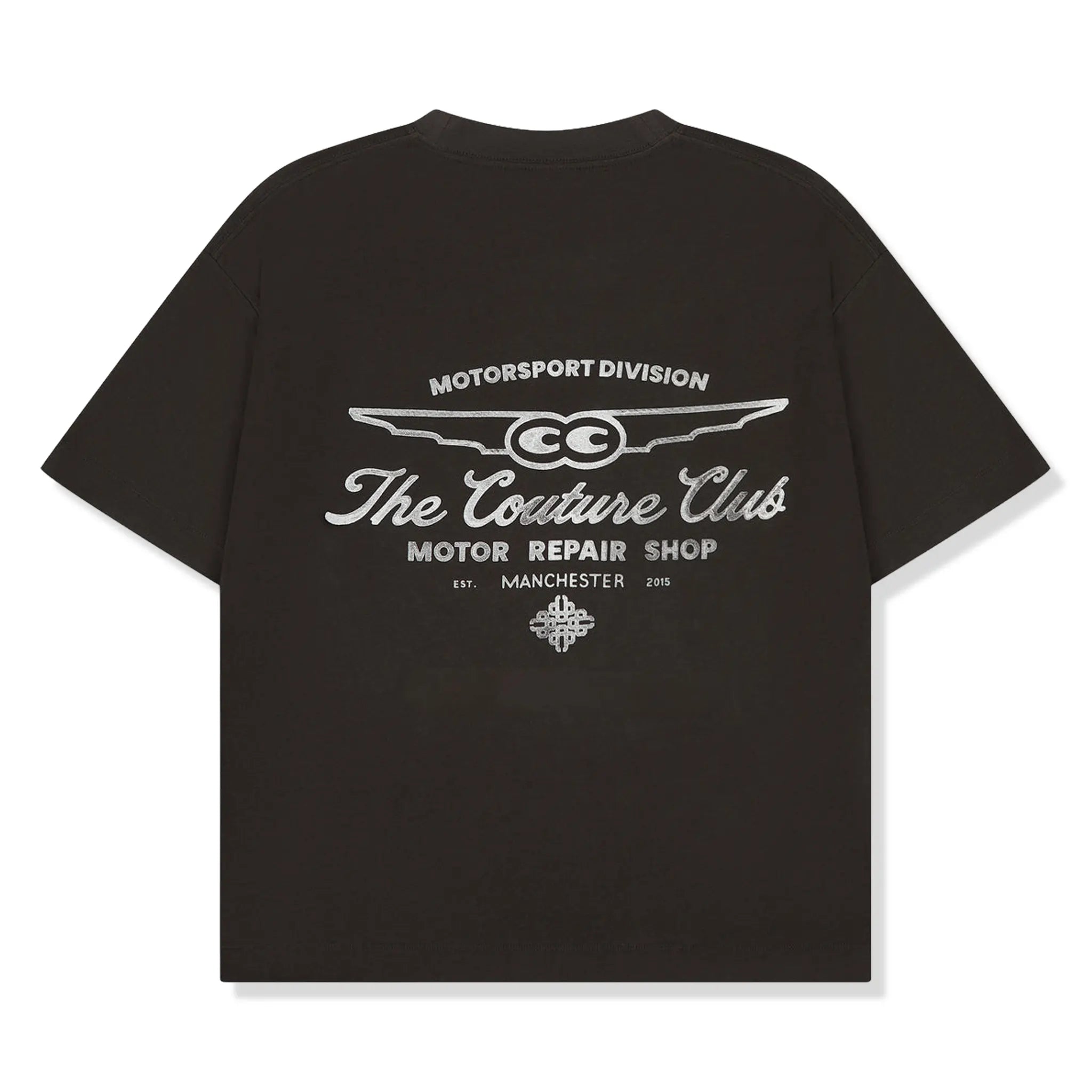 Back View of The Couture Club Motor Repair Shop Graphic Charcoal White T-Shirt